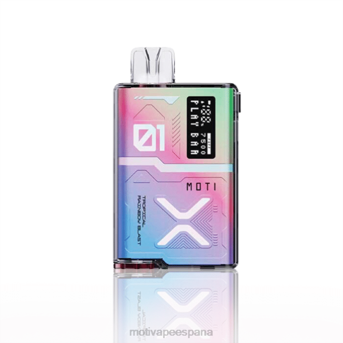 MOTI Vape Precio - MOTI Play Bar 7500 vaporizadores desechables (5%, 7500 inhalaciones) explosión del arco iris tropical FB2F54